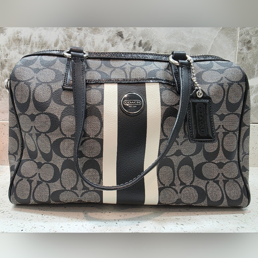 Coach Vermillion Covered Canvas Leather Sig Stripe PVC Satchel Bag - Like New!